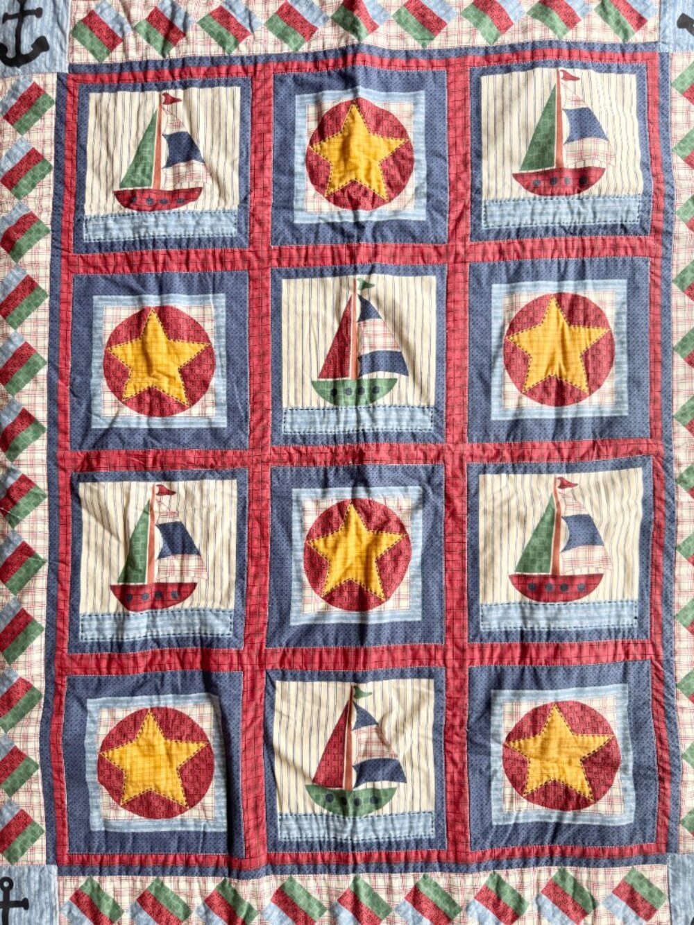 Vintage Handmade LESLIE BECK Nautical Sailboats And Stars Cotton Quilt